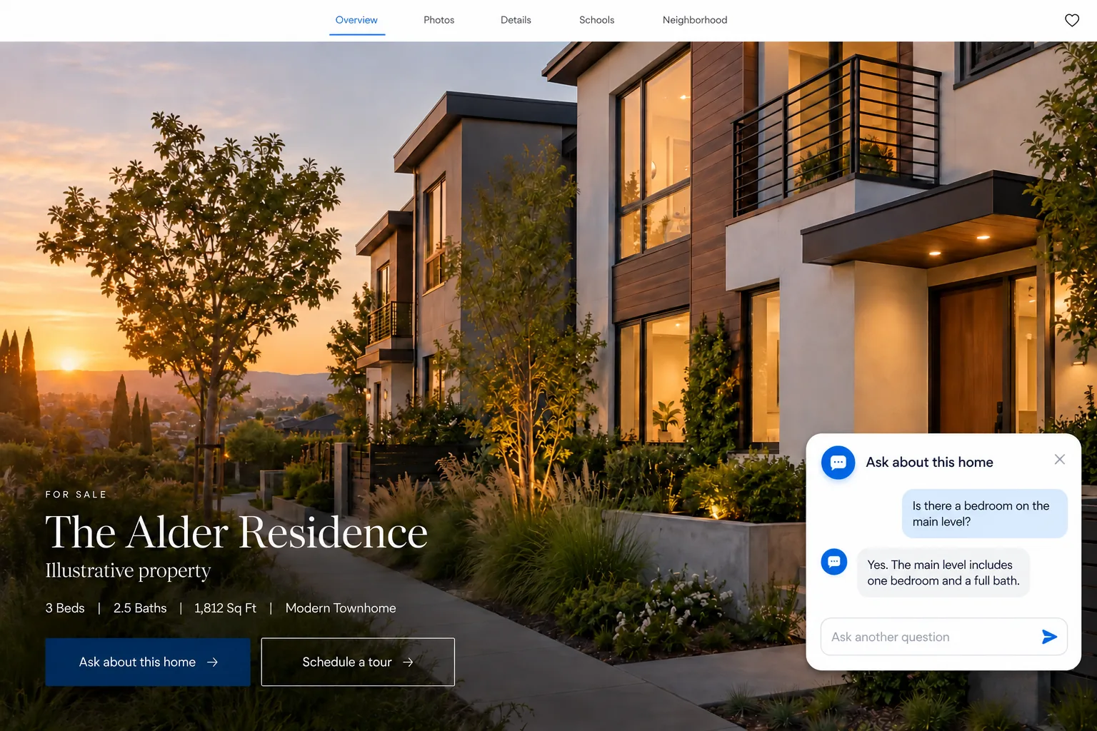 A listing page showing property details, a property-aware chat assistant answering a buyer's question, and a schedule-a-tour action
