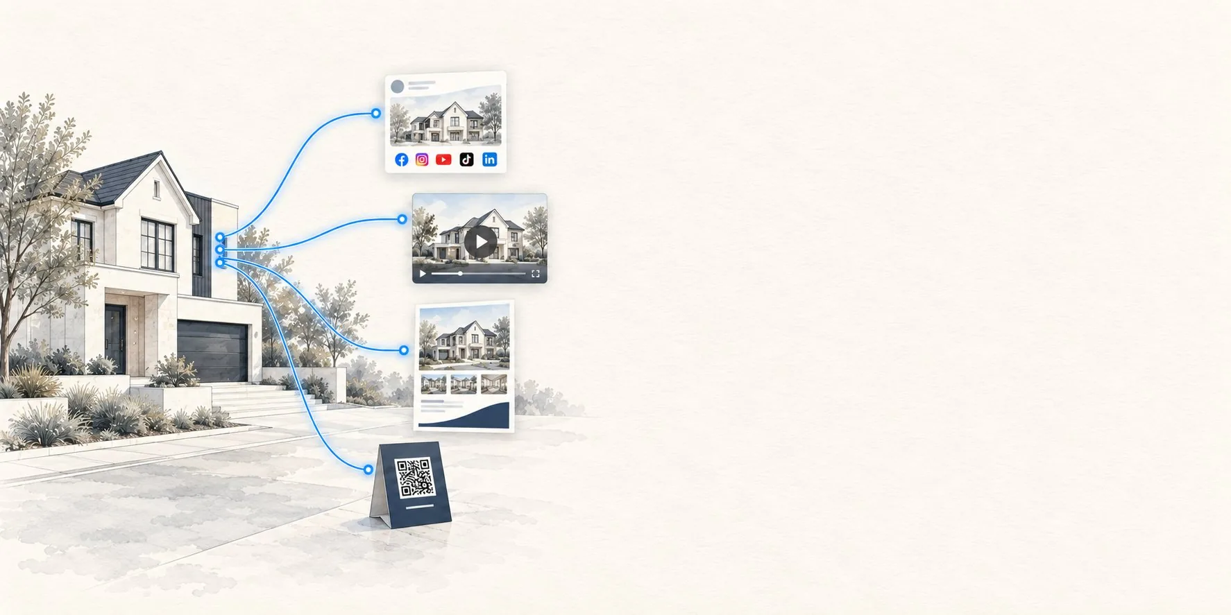 An illustrated home connected to social publishing, listing video, flyer and website QR code